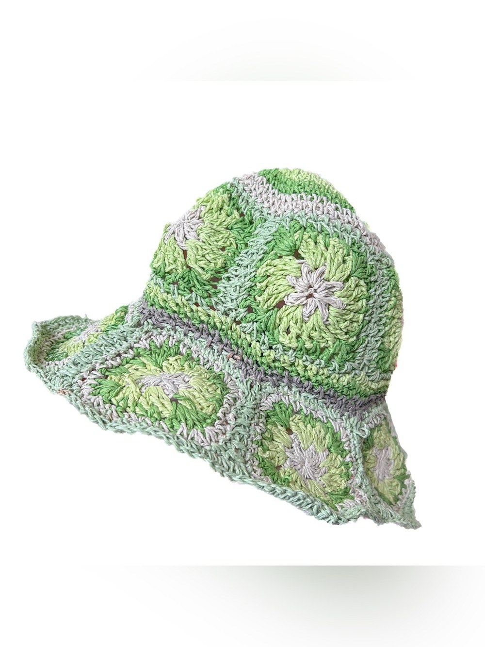 Steve Madden Boho Bucket Hat Granny Square Paper Yarn Festival Y2K Green White